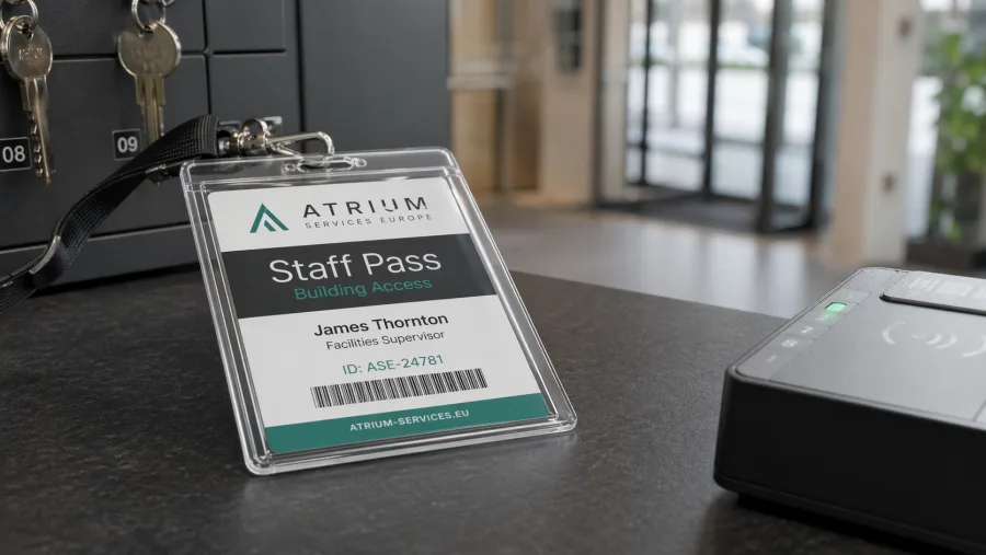 Badge du personnel avec nom, fonction, numéro et code-barres dans un porte-badge rigide
