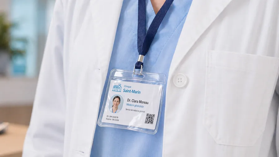 Badge du personnel d'une clinique avec photo, nom, fonction et QR code, porté au cordon sur une blouse de médecin