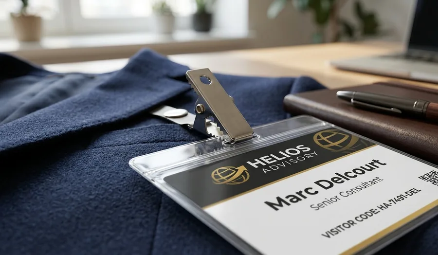Badge visiteur nominatif avec code d'accès, fixé par un clip sur une veste bleu marine