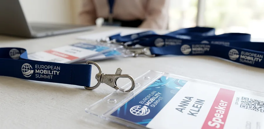 Badges de congrès nominatifs dans leur étui, avec cordons imprimés au nom de l'événement