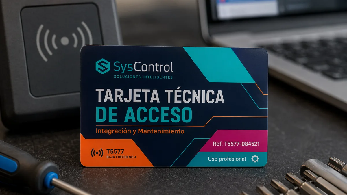 Carte d'accès technique en PVC imprimée en espagnol, à puce basse fréquence, posée devant un lecteur de badges