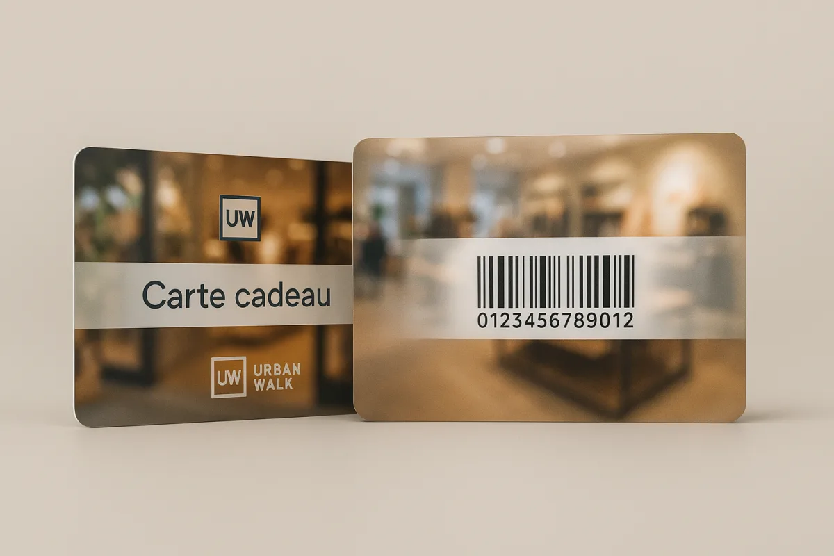 Carte cadeau PVC au visuel d'une boutique, recto avec la mention carte cadeau et verso avec un code-barres numéroté
