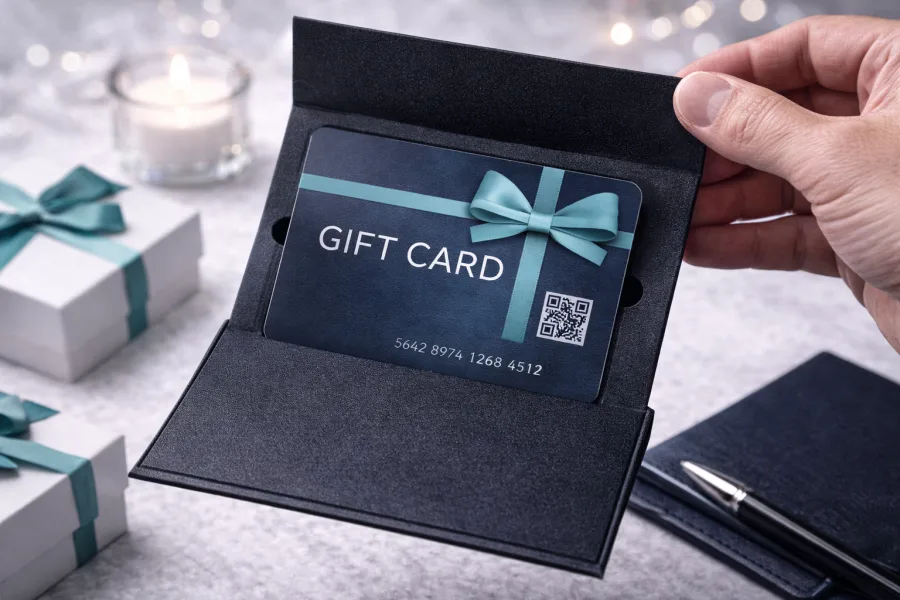 Carte cadeau PVC glissée dans un porte-carte noir ouvert, tenu à la main