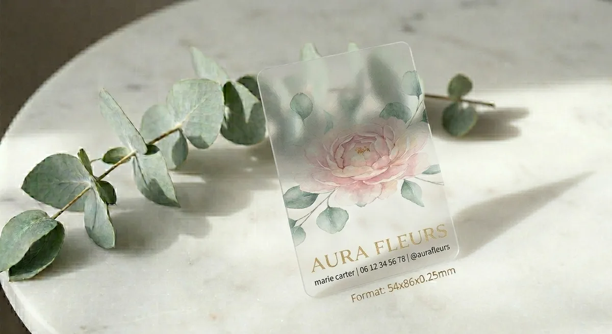 Carte de visite en plastique givré au format 86 x 54 mm avec une pivoine aquarelle imprimée sans blanc de soutien, posée sur une table en marbre