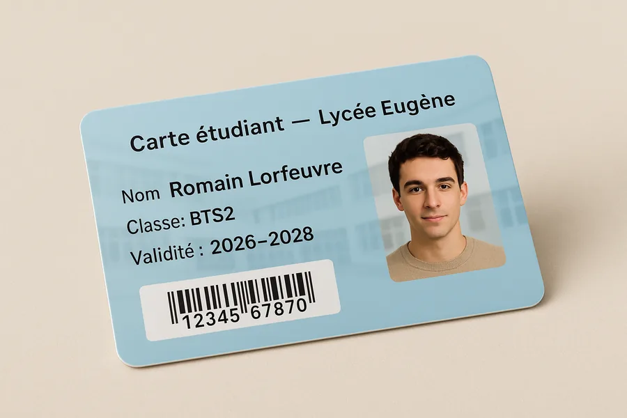Carte étudiant d'un lycée en PVC avec photo de l'élève, classe, années de validité et code-barres