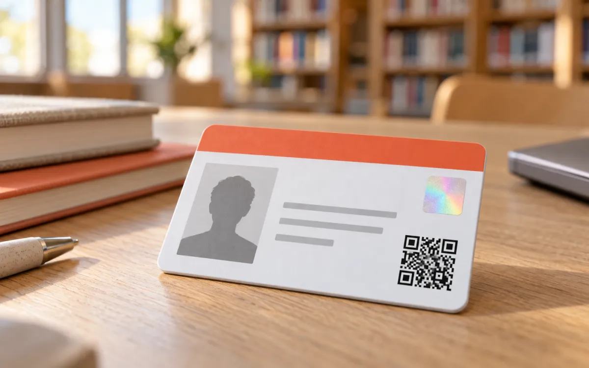 Carte étudiant PVC avec photo, QR code et hologramme posée sur un bureau de bibliothèque universitaire
