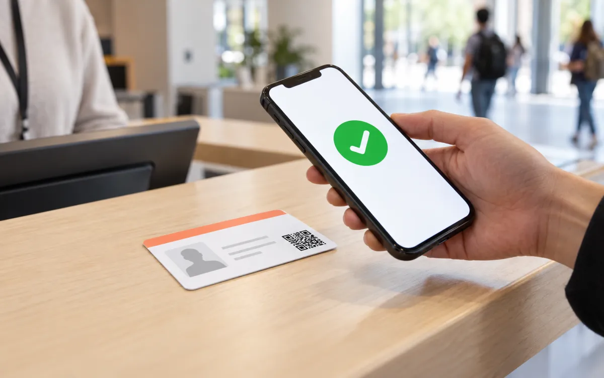 Vérification d'une carte étudiant par lecture du QR code avec un smartphone à l'accueil d'une université
