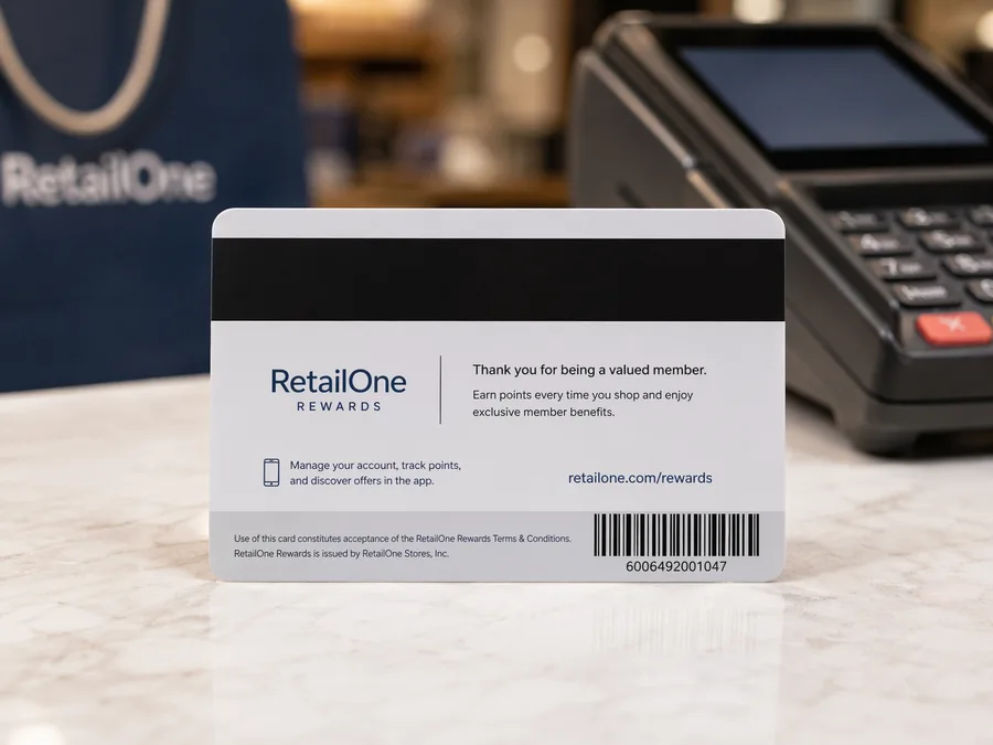 Verso d'une carte de fidélité PVC avec bande magnétique en haut et code-barres en bas, posée au comptoir près d'un terminal