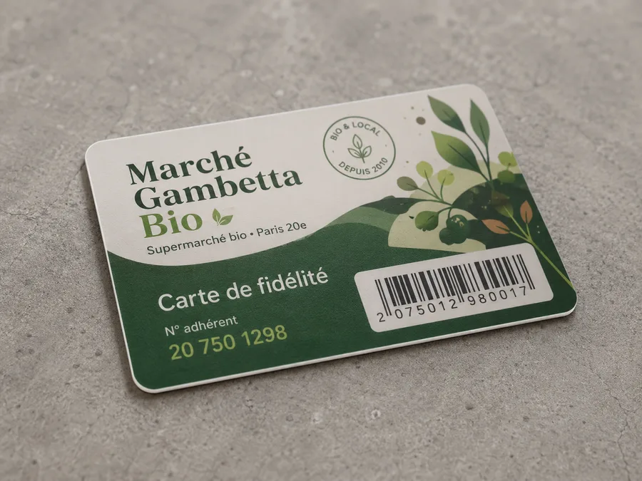 Carte de fidélité PVC d'une épicerie avec code-barres EAN-13 commençant par 20, imprimé dans une réserve blanche, et numéro d'adhérent en clair