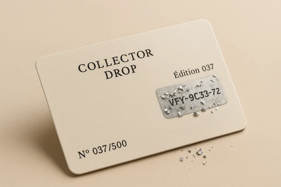 Carte PVC dont le panneau argenté a été gratté pour révéler un code alphanumérique