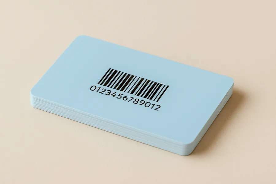 Pile de cartes cadeaux PVC, chacune avec un code-barres et son numéro en clair
