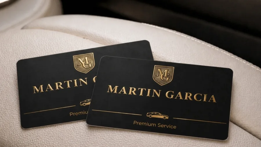 Deux cartes de visite en plastique noir avec écusson et nom en lettres dorées