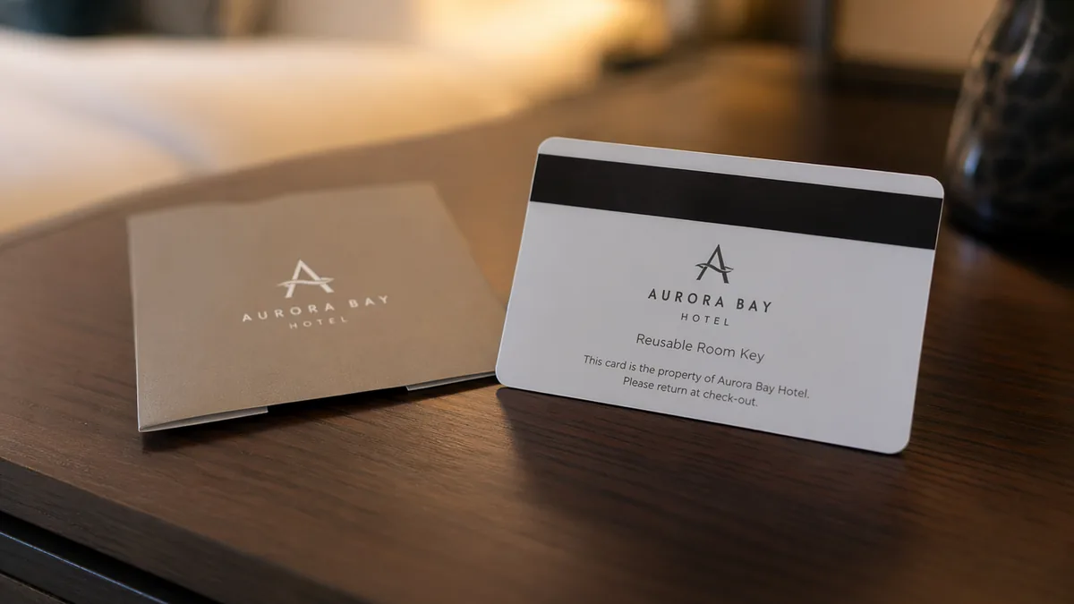 Carte-clé de chambre en PVC et son étui posés sur une table de chevet d'hôtel
