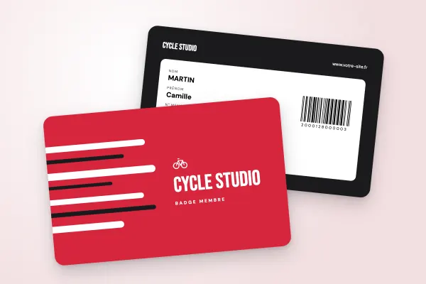 Design « Cycle Studio » pour badge à commander en ligne (clubs de sport et associations, traits de vitesse, rouge)