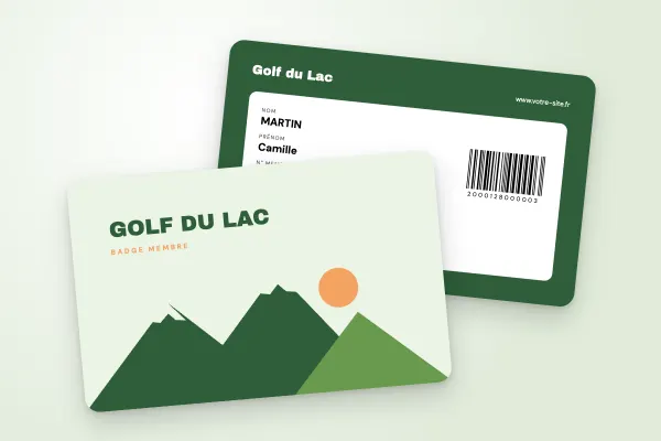 Design « Golf du Lac » pour badge à commander en ligne (clubs de sport et associations, collines, vert et orange)