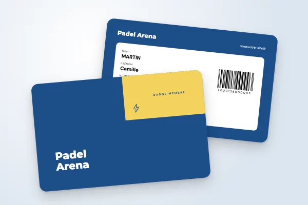 Design « Padel Arena » pour badge à commander en ligne (clubs de sport et associations, bloc d’angle, bleu et jaune)