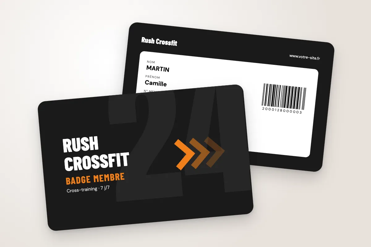 Design « Rush Crossfit » pour badge à commander en ligne (clubs de sport et associations, grand numéro et chevrons, orange)