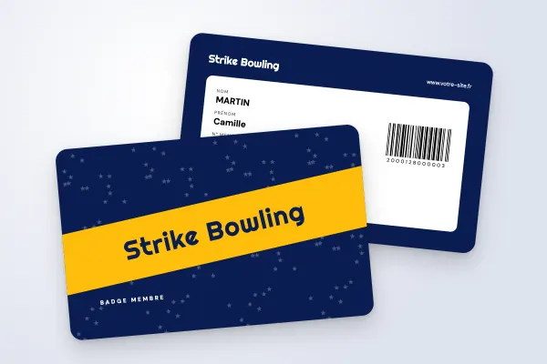Design « Strike Bowling » pour badge à commander en ligne (clubs de sport et associations, bandeau étoilé, nuit)