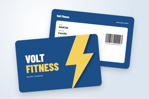 Design « Volt Fitness » pour badge à commander en ligne (clubs de sport et associations, éclair géant, bleu et jaune)