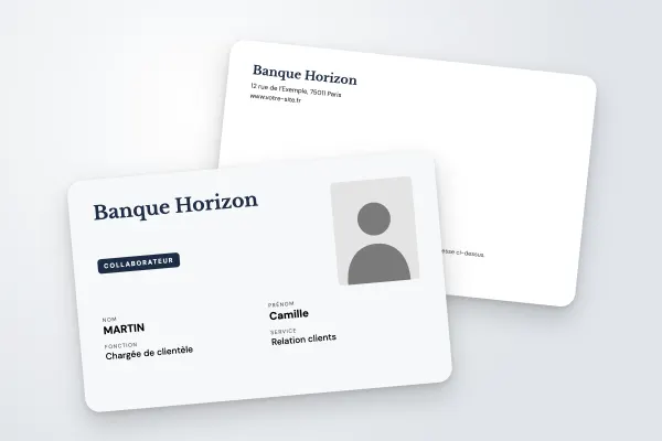 Design « Banque Horizon » pour badge à commander en ligne (entreprises et administrations, nom en grand, ardoise)