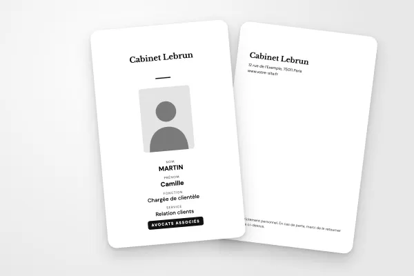 Design « Cabinet Lebrun » pour badge à commander en ligne (entreprises et administrations, vertical, sobre noir et blanc)