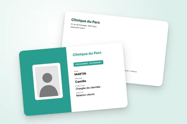 Design « Clinique du Parc » pour badge à commander en ligne (entreprises et administrations, moitié couleur, vert d’eau)