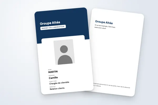 Design « Groupe Altéa » pour badge à commander en ligne (entreprises et administrations, vertical, bandeau bleu marine)