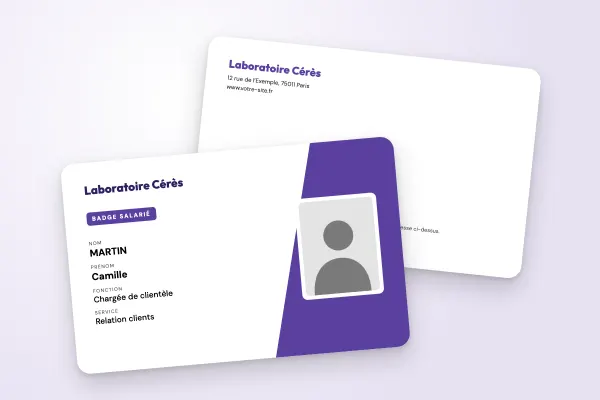 Design « Laboratoire Cérès » pour badge à commander en ligne (entreprises et administrations, bloc oblique, violet)
