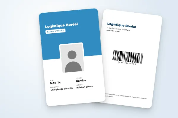 Design « Logistique Boréal » pour badge à commander en ligne (entreprises et administrations, vertical, deux tons bleu glacier)