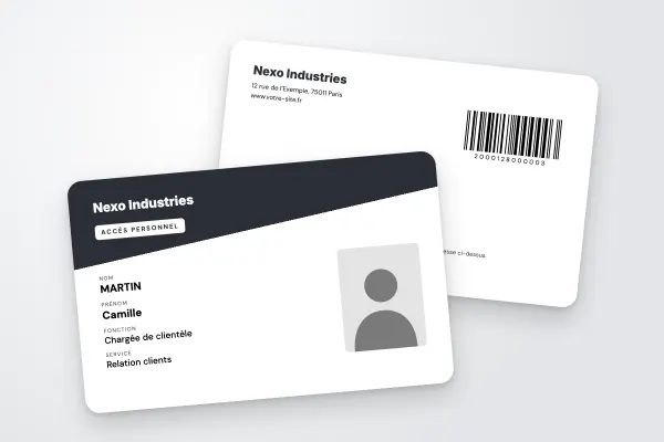Design « Nexo Industries » pour badge à commander en ligne (entreprises et administrations, en-tête diagonal, anthracite et orange)