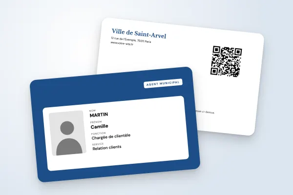 Design « Ville de Saint-Arvel » pour badge à commander en ligne (entreprises et administrations, fond couleur, panneau clair, bleu)