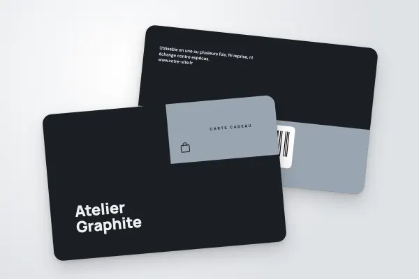 Design « Atelier Graphite » pour carte cadeau à commander en ligne (boutiques et commerces, bloc d’angle, anthracite)