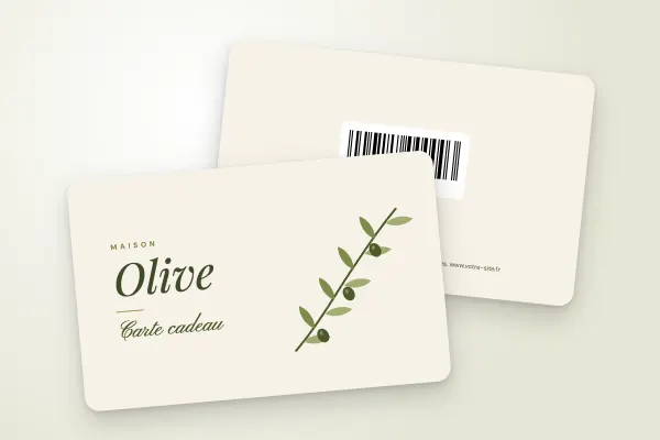 Design « Maison Olive » pour carte cadeau à commander en ligne (boutiques et commerces, rameau d’olivier, carte cadeau manuscrite)