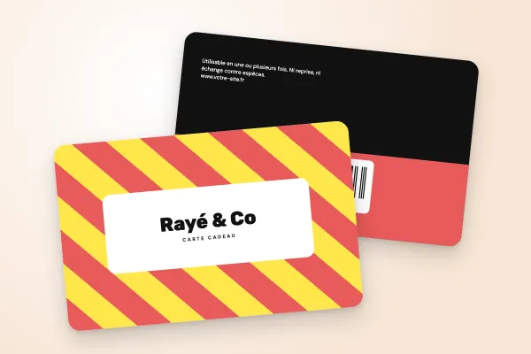 Design « Rayé & Co » pour carte cadeau à commander en ligne (boutiques et commerces, rayures pop, corail et jaune)