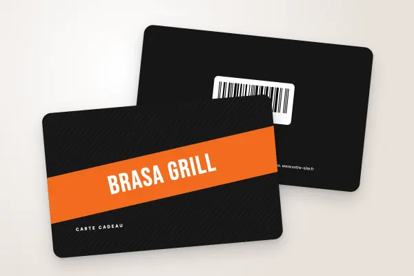Design « Brasa Grill » pour carte cadeau à commander en ligne (restaurants et cafés, bandeau diagonal, noir et orange)