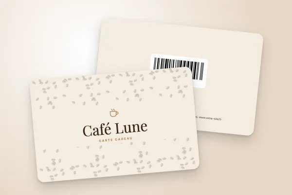 Design « Café Lune » pour carte cadeau à commander en ligne (restaurants et cafés, grains de café, crème)