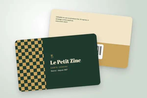 Design « Le Petit Zinc » pour carte cadeau à commander en ligne (restaurants et cafés, damier bistrot, vert et or)