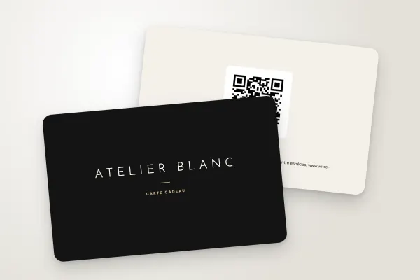 Design « Atelier Blanc » pour carte cadeau à commander en ligne (salons, instituts et spas, capitales espacées, noir et champagne)