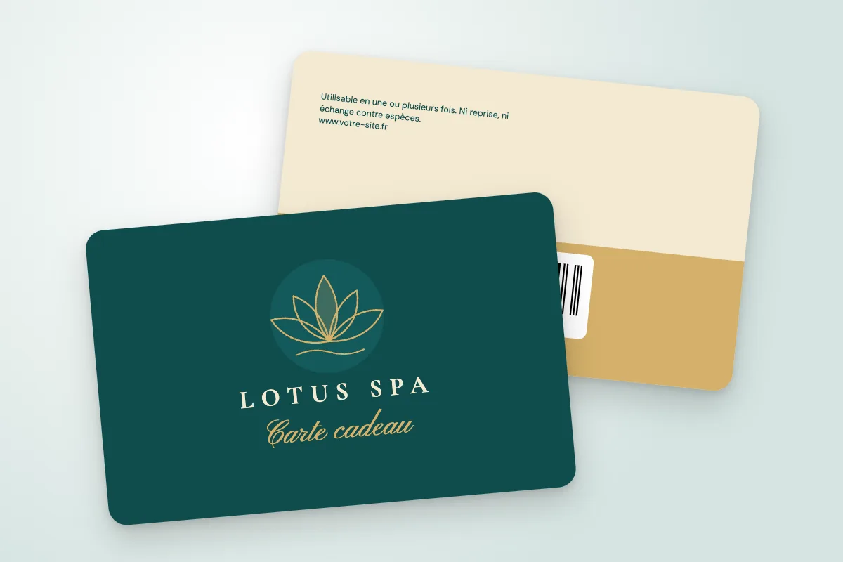 Design « Lotus Spa » pour carte cadeau à commander en ligne (salons, instituts et spas, lotus doré au trait, carte cadeau manuscrite)