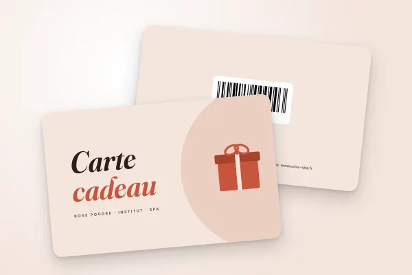 Design « Rose Poudre » pour carte cadeau à commander en ligne (salons, instituts et spas, « carte cadeau » en grandes lettres, paquet illustré)