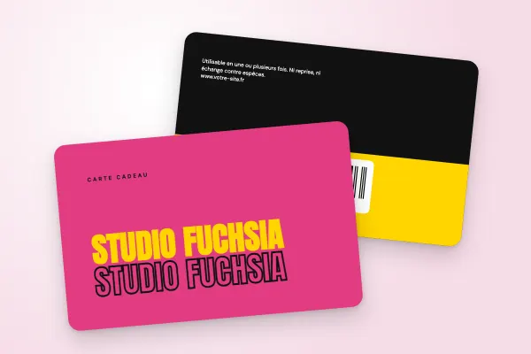 Design « Studio Fuchsia » pour carte cadeau à commander en ligne (salons, instituts et spas, typo pop, fuchsia et jaune)