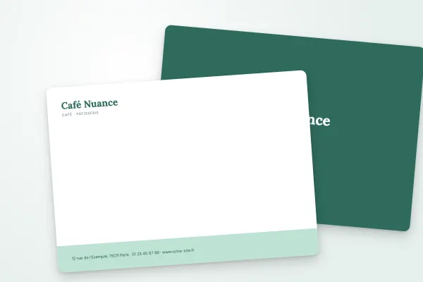 Design « Café Nuance » pour carte commerciale à commander en ligne (restaurants et cafés, pied de page coloré, sauge · a6 (10 × 15 cm))