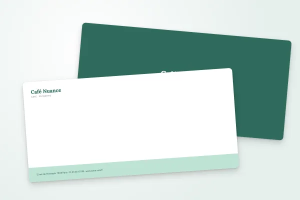Design « Café Nuance » pour carte commerciale à commander en ligne (restaurants et cafés, pied de page coloré, sauge · dl (10 × 21 cm))