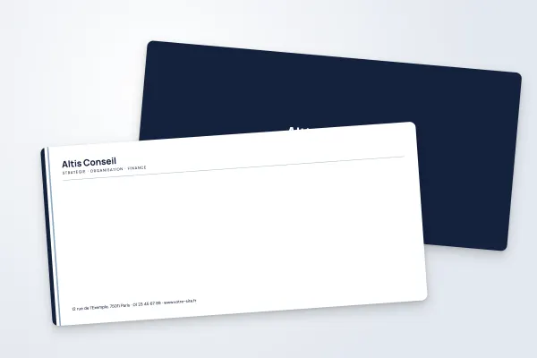 Design « Altis Conseil » pour carte commerciale à commander en ligne (professions libérales et entreprises, en-tête à gauche, barre bleu marine · dl (10 × 21 cm))