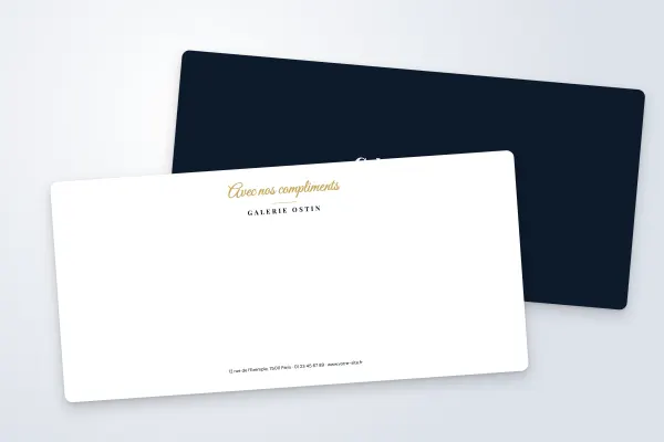 Design « Galerie Ostin » pour carte commerciale à commander en ligne (professions libérales et entreprises, « avec nos compliments », nuit et or · dl (10 × 21 cm))