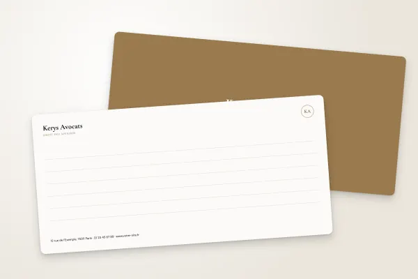 Design « Kerys Avocats » pour carte commerciale à commander en ligne (professions libérales et entreprises, lignes d’écriture, monogramme · dl (10 × 21 cm))