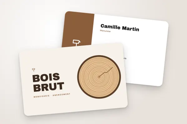 Design « Bois Brut » pour carte de visite à commander en ligne (artisans et bâtiment, tranche de bois illustrée)