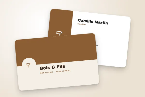 Design « Bois & Fils » pour carte de visite à commander en ligne (artisans et bâtiment, médaillon, bois)