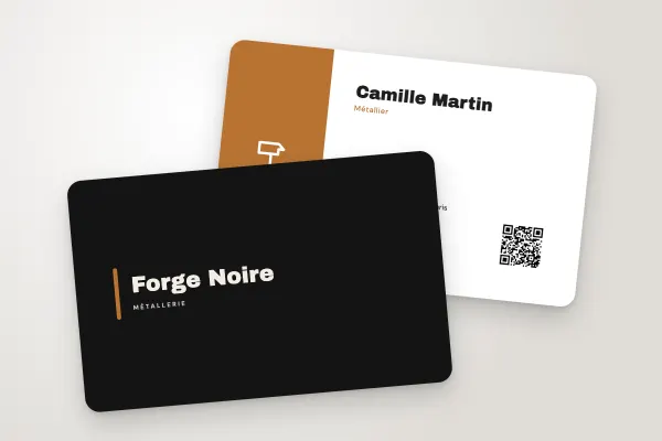 Design « Forge Noire » pour carte de visite à commander en ligne (artisans et bâtiment, barre cuivrée, noir)