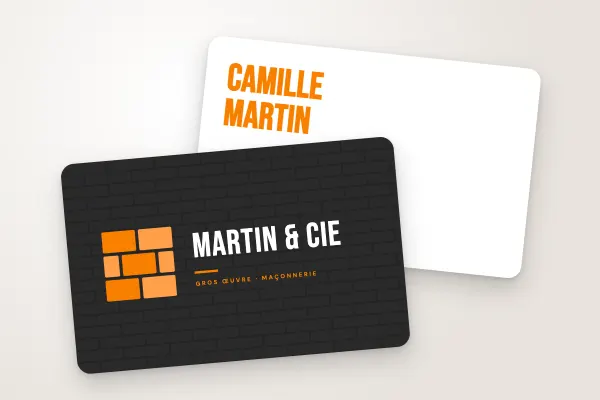 Design « Martin & Cie » pour carte de visite à commander en ligne (artisans et bâtiment, monogramme en briques, anthracite et orange)